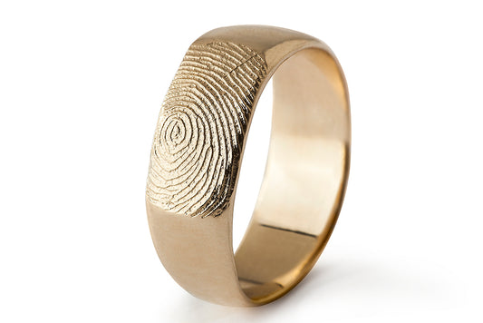 טבעת נישואין לאישה, טבעת רחבה עם טביעת אצבע אישית. טבעת נישואים זהב צהוב 14 קראט
