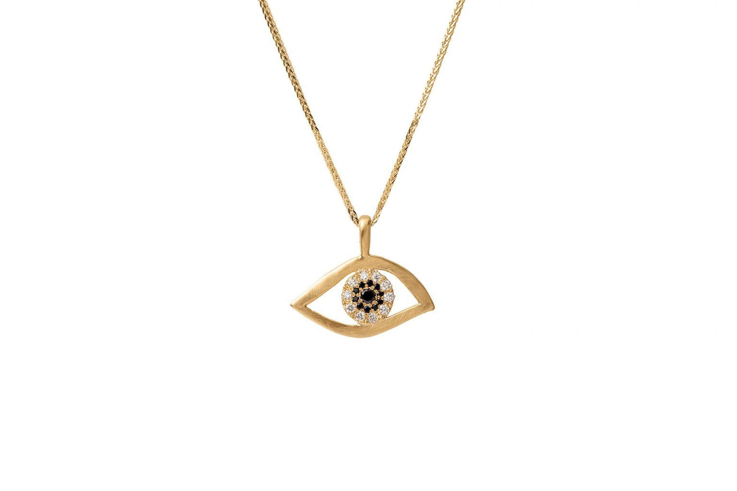 שרשרת קמע זהב עין  משובצת יהלומים לבנים ושחורים וספיר. תליון עין מיוחד א-סימטרי