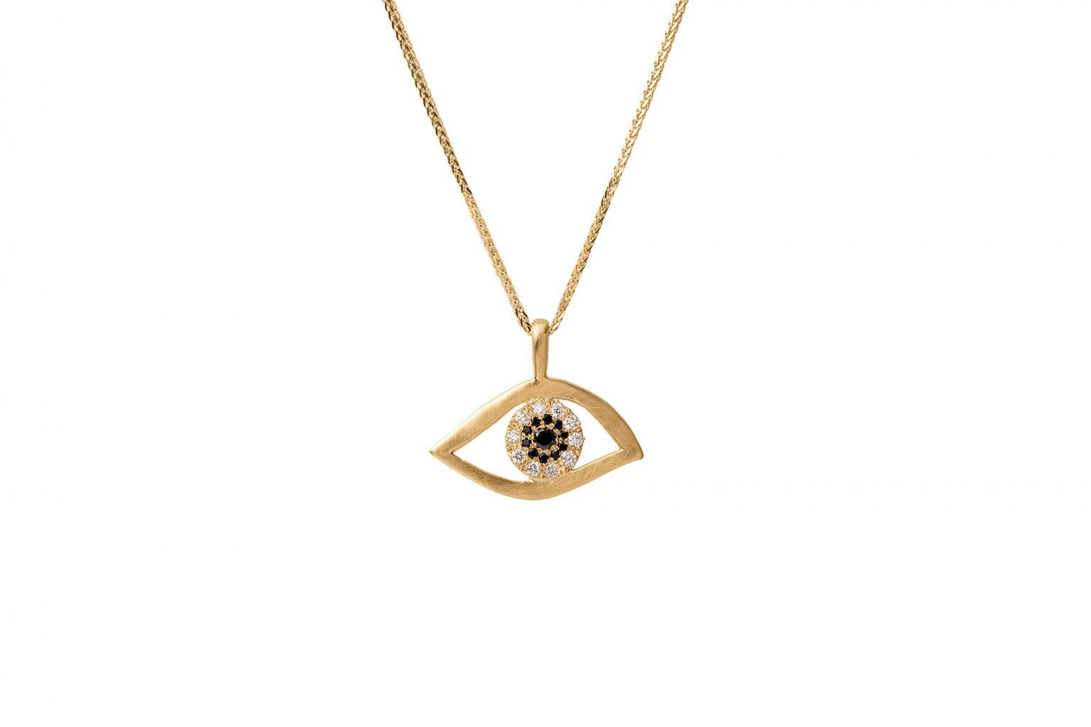 שרשרת קמע זהב עין  משובצת יהלומים לבנים ושחורים וספיר. תליון עין מיוחד א-סימטרי