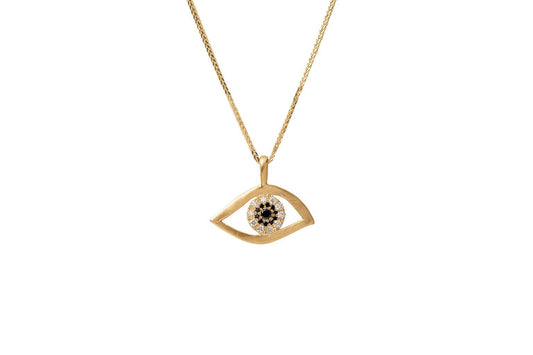 שרשרת קמע זהב עין  משובצת יהלומים לבנים ושחורים וספיר. תליון עין מיוחד א-סימטרי