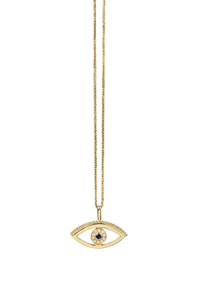 שרשרת עין מזהב. תליון עין גדולה עשויה בעבודת יד משובצת במרכז יהלומים וספיר.