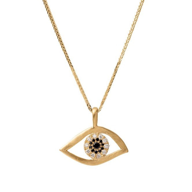 שרשרת קמע זהב עין  משובצת יהלומים לבנים ושחורים וספיר. תליון עין מיוחד א-סימטרי