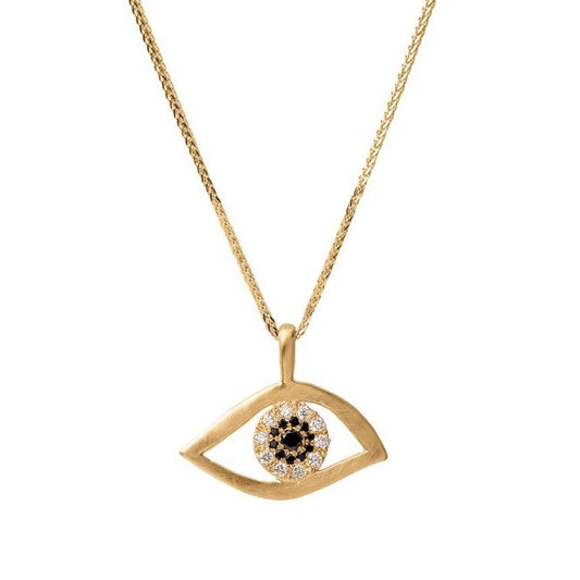 שרשרת קמע זהב עין  משובצת יהלומים לבנים ושחורים וספיר. תליון עין מיוחד א-סימטרי