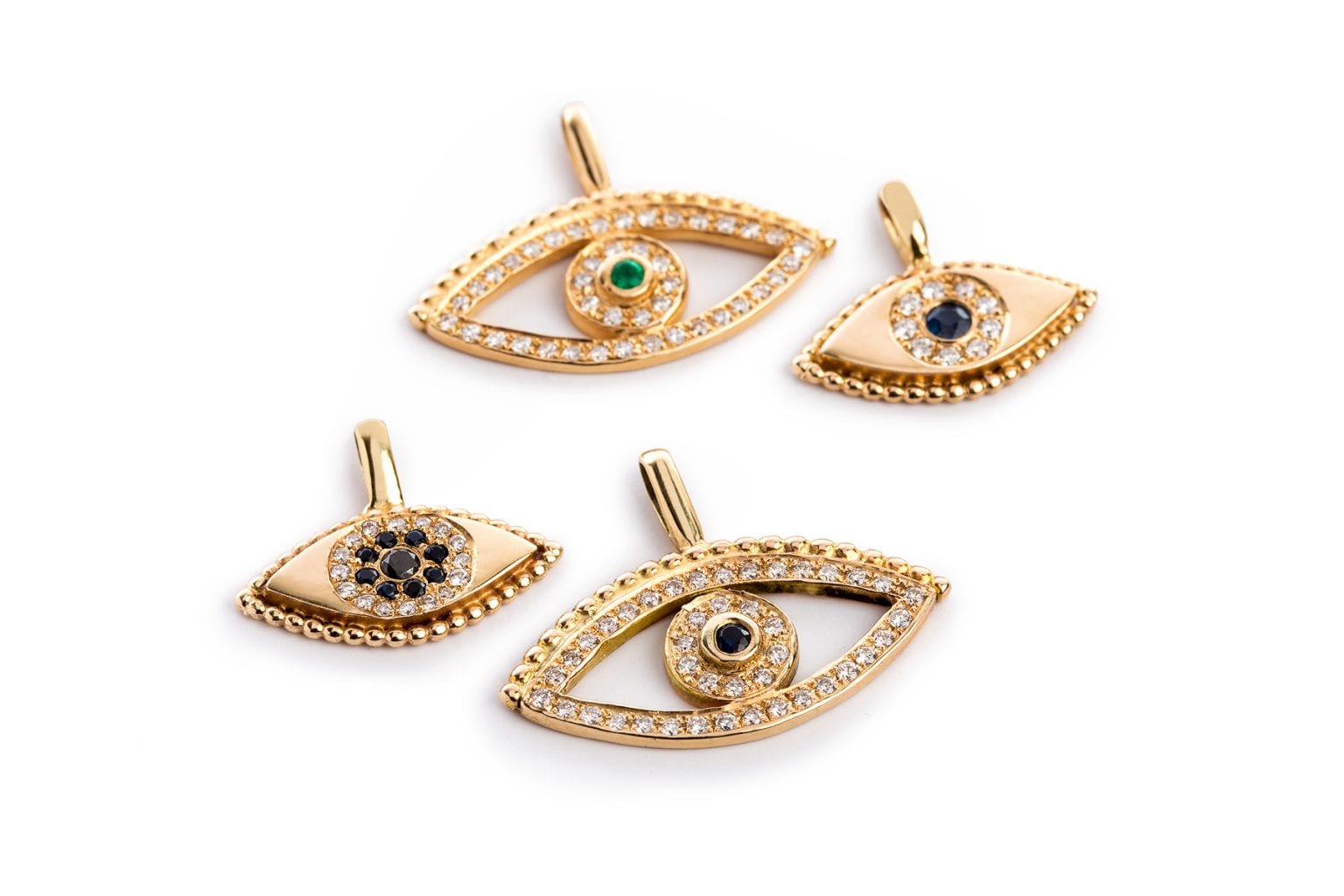 שרשרת קמע עין תליון עין מזהב עשוי בעבודת יד משובץ יהלומים ואבן ספיר